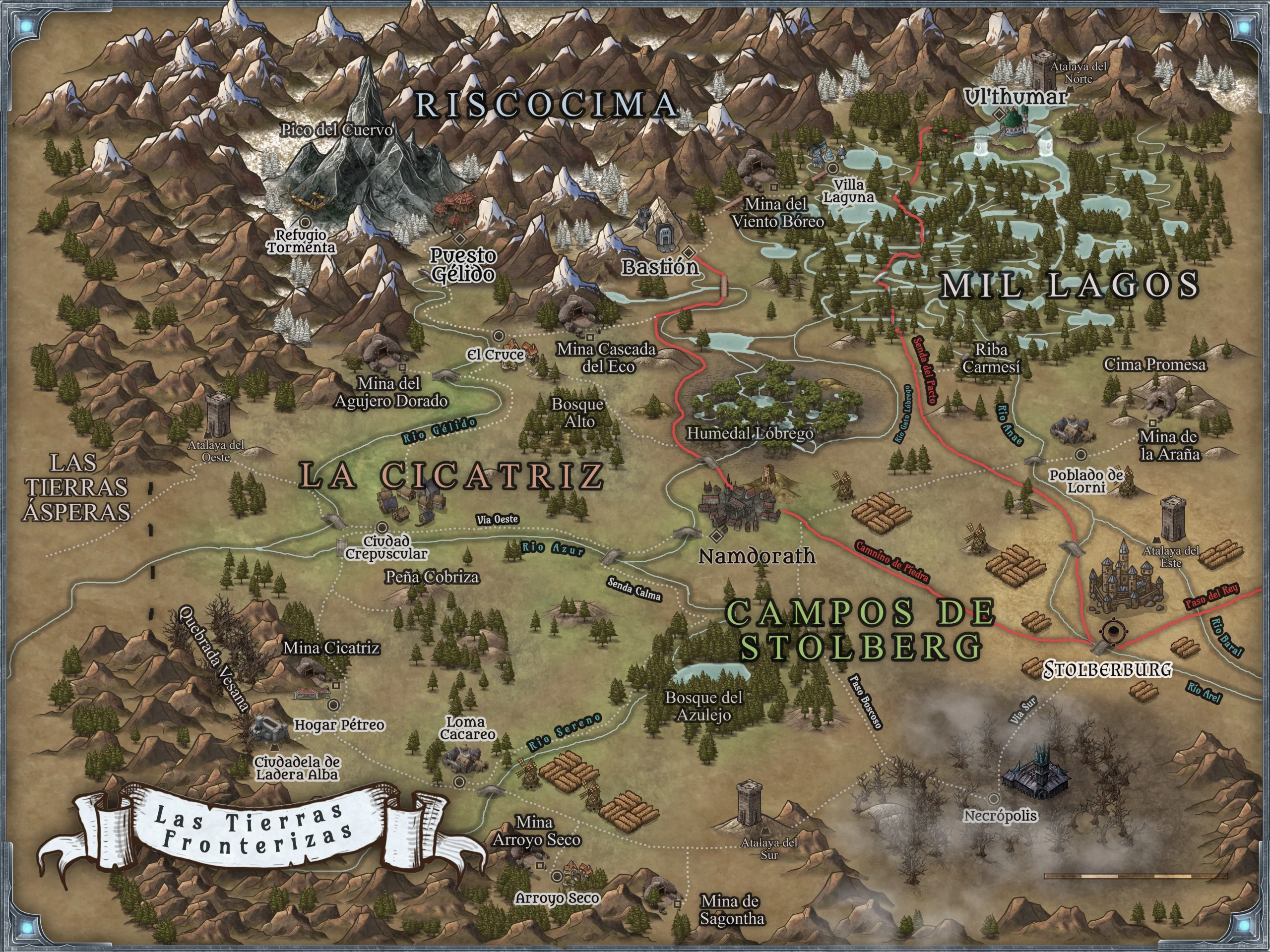 Mapa de las Tierras Fronterizas tras la Guerra del Crepúsculo, ambientación principal de la Puerta Infinita, el juego de rol de Ray Bacon